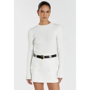 DISSH Ava Off White Cream Ribbed Knit Lettuce Hem Long Sleeve Top Small